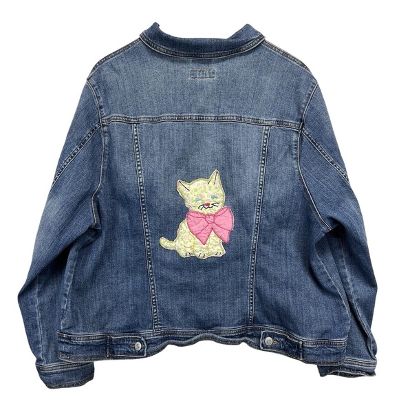Upcycled Denim Jacket 2X Antique Appliqué Quilted Cat Kitten Patchwork - Picture 1 of 6